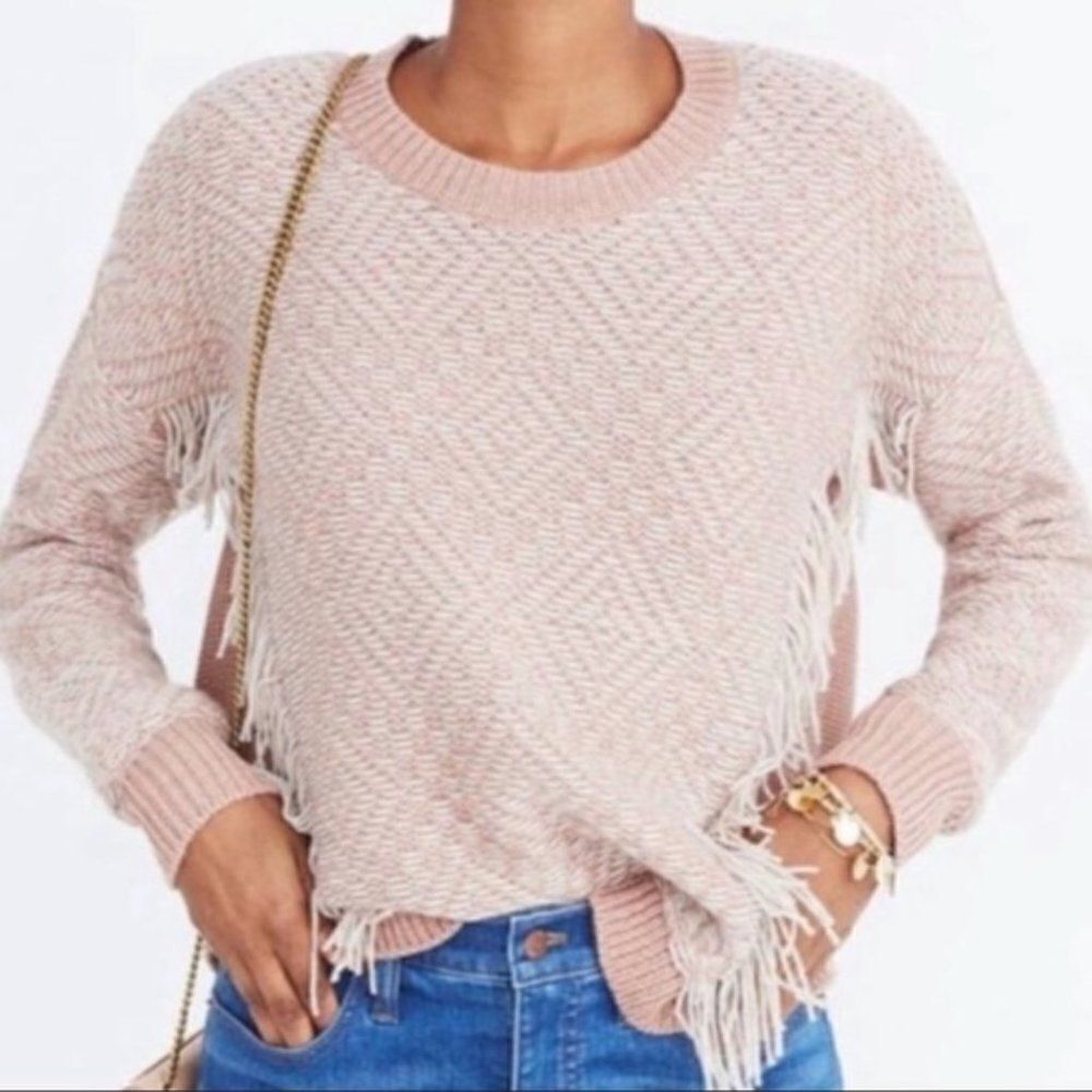 Madewell Reverse-Diamond Fringe Pullover Sweater in Dusty Rose- XXS